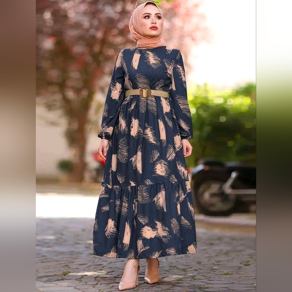 Women's Brush Print Round Neck Lantern Sleeve Ruffle Hem Maxi dress M